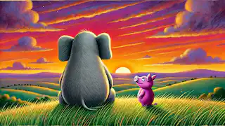 Gerald y Piggie contemplan juntos un atardecer colorido, con Gerald luciendo más tranquilo y reflexivo.
