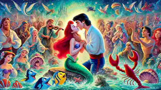 El príncipe Eric besa a Ariel, rompiendo el hechizo, mientras un grupo de criaturas marinas y humanos celebra a su alrededor.