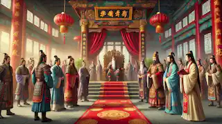 Los Ocho Inmortales de pie ante el Emperador en un gran palacio chino, sosteniendo sus objetos mágicos.
