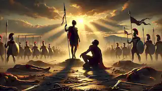 Athena verschont Ares, nachdem sie ihn in ihrem letzten Duell besiegt hat, während die Sonne hinter dem besiegten Schlachtfeld untergeht.