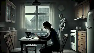 Una pareja sentada en su cocina tenuemente iluminada, la madre revisando el correo y el padre mirando por la ventana.