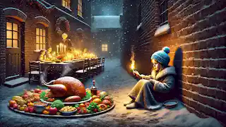 La niña enciende su segundo fósforo, y ante ella aparece un majestuoso banquete con un ganso asado y verduras humeantes.