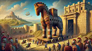 El Caballo de Troya siendo llevado hacia Troya, con soldados griegos y ciudadanos curiosos en una gran ciudad antigua.