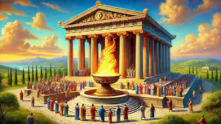 El Templo de Prometeo, con una llama eterna, rodeado de personas que reflexionan sobre su significado.