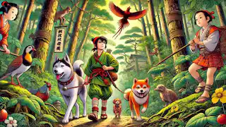 Momotaro y sus tres compañeros animales—un perro, un mono y un faisán—comienzan su viaje hacia Onigashima.