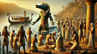 Sobek emerge del Nilo mientras el faraón Tutmosis III y los sacerdotes se arrodillan ante él, ofreciéndole oro y ganado.