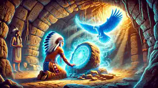 Blauer Adler, der vor dem leuchtenden Heiligtum in einer verborgenen Höhle kniet, während ein mystischer blauer Adlergeist erscheint.