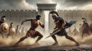 Aquiles y Héctor se enfrentan en un tenso duelo fuera de las murallas de Troya, armas alzadas, mientras el polvo se arremolina a su alrededor.