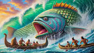 O colossal peixe começa a emergir, causando tumulto no oceano ao redor da canoa de Māui.