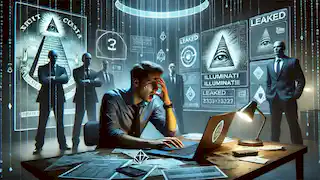 Um quarto moderno com um homem em um laptop, cercado por telas brilhantes exibindo documentos vazados da Illuminati.