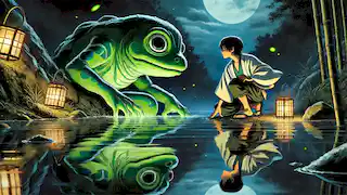 Kenta se agacha junto a la orilla del río mientras el Kappa emerge del agua bajo la luz de la luna.