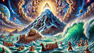 El Monte Mandara se hunde en el océano cósmico mientras Vishnu se prepara para descender en su avatar Kurma para apoyarlo.