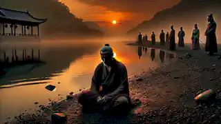 Song Jiang, reflexionando sobre la traición y la pérdida, se sienta junto a un río tranquilo mientras los héroes restantes lamentan el trágico final de su camino.
