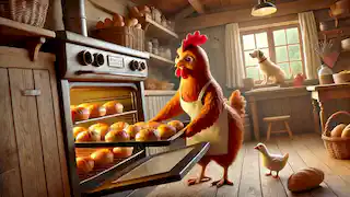 La pequeña gallina roja horneando pan en su acogedora cocina, mientras el gato, el perro y el pato observan a través de la ventana.