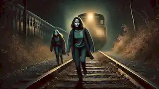 Emma e a menina caminham ao longo de trilhos de trem escuros sob o céu noturno, olhando para trás com medo.