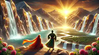 La Montaña de Sal se transforma, brillando al amanecer mientras fluyen arroyos frescos. Shirin y Arash se encuentran en pie de triunfo.