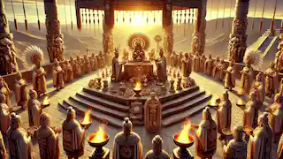 Sacerdotes Moche realizando una ofrenda sacrificial sobre una plataforma de piedra, con intrincadas decoraciones y un atardecer en el desierto de fondo.