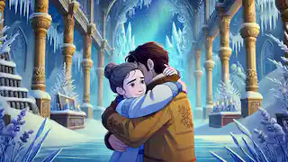 Gerda abraça Kai, derretendo o gelo ao seu redor no palácio da Rainha da Neve.