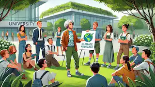 Pi à l'université, s'engageant dans la défense de l'environnement avec un groupe diversifié d'étudiants et de professeurs.