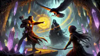 Erik se enfrenta al sombrío hechicero Mordain en una caverna resplandeciente, empuñando su radiante amuleto mientras Astrid tensa su arco.