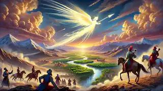 La flèche lumineuse d'Arash s'élève dans le ciel au-dessus de la Perse, illuminant le paysage varié en contrebas.