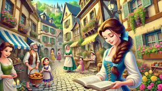 Bella leyendo un libro en la aldea, rodeada de aldeanos, con calles de adoquines y encantadoras casas.