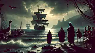 El rey Egeo observa con ansiedad en el puerto mientras un barco de velas negras se acerca, señalando la muerte presumida de su hijo.
