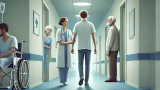 Una enfermera lleva a un joven pálido por el pasillo de un hospital, mientras sus padres observan desde la puerta.