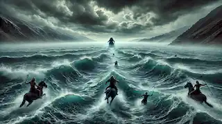Buto Ijo se abre paso a través de un mar tempestuoso, luchando contra las olas, mientras Timun Mas corre en la lejana orilla.
