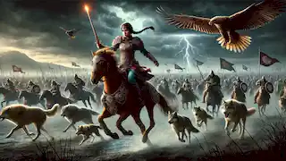 Turkyn lidera un ejército hacia la batalla contra las fuerzas de los Shadow Khan, con su espada en alto mientras un rayo atraviesa el campo de batalla.