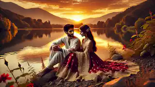 Bijan y Manijeh sentados junto a un lago durante el atardecer, tomados de la mano, rodeados de la belleza de la naturaleza.