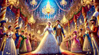 Marie's und der Nussknacker-Prinz' zauberhafte Hochzeit im Süßigkeitenpalast, gefeiert mit glänzenden Dekorationen und fröhlichen Gästen.