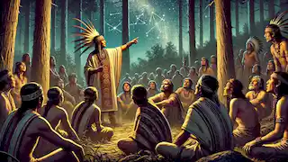 Mixcoatl señala las estrellas en un claro del bosque, enseñando a los Chichimecas sobre los patrones celestiales al anochecer.