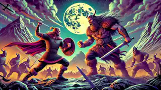 Grettir luchando contra un berserker a la luz de la luna.