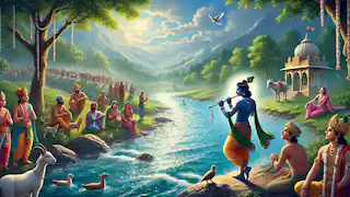 La serpiente Kaliya se inclina en señal de sumisión, retrocediendo mientras el río Yamuna se despeja y Krishna se mantiene victorioso en la orilla.