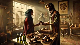 Ma’ruf trabaja en una sandalia en Khan el-Khalili mientras vendedores y lugareños observan.