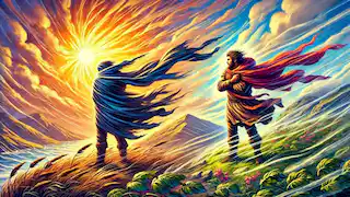 Le vent du nord souffle violemment sur un voyageur tandis que le soleil brille doucement.