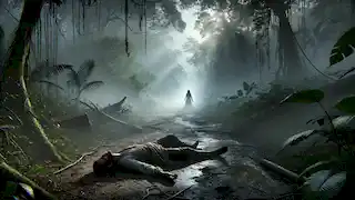Un hombre sin vida yace en un sendero de la selva al amanecer, mientras La Sayona se desvanece en la neblina matutina.