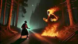 Santiago intenta enfrentar a La Candileja en un camino desierto, su aparición ardiente brillando en la oscuridad.