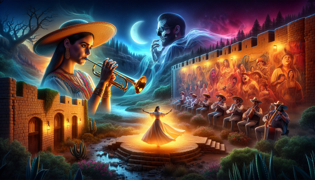 Emma tocando la trompeta con el mural de Jake de fondo, mientras aparece una figura fantasmal.