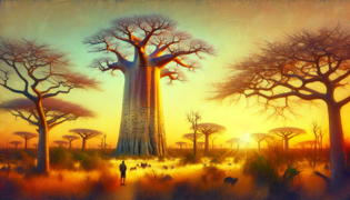 Luz matutina y polen dorado girando alrededor de un baobab y un viajero eufórico.
