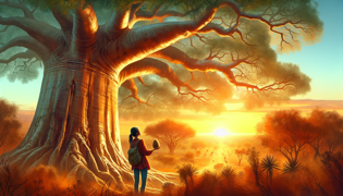 Un viajero sosteniendo una semilla luminosa de baobab bajo la luz moteada del sol, debajo del árbol.