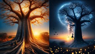 Viajero escuchando al baobab resplandeciente bajo un cielo iluminado por la luna.