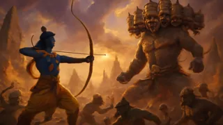 Rama and Tosakan clash in a fierce battle amid fire and chaos on Lanka’s walls.