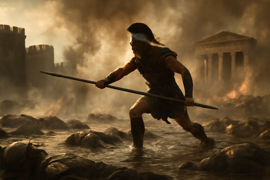 Aquiles atravesando la niebla y lanzando su lanza a lo largo de la orilla del río.