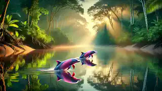 Dos delfines rosados nadan en el sereno río Amazonas al amanecer, rodeados de exuberante selva tropical y suave luz solar.