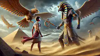 Horus se enfrenta a Set en un paisaje desértico, ambos vestidos con armaduras egipcias, mientras una tormenta gira a su alrededor.