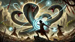 Djanggawul luchando contra la gigantesca serpiente Yurlunggur, mientras la tierra tiembla y las rocas vuelan.