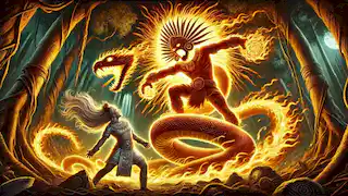 Huitzilopochtli se erige en un ardiente esplendor, empuñando su arma serpentina, enfrentándose a Coyolxauhqui mientras la batalla comienza.