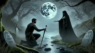 Cathal kniet am Fluss vor der Morrigan in ihrer alten Form und hält ein schwarzes Obsidianmesser in der Hand.